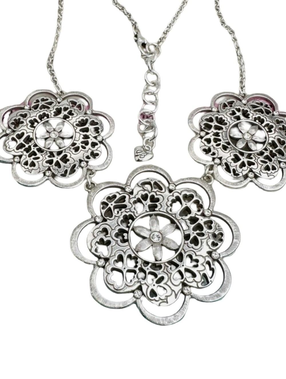 Brighton Silver Tone Crystal Filigree Floral Bib Statement Necklace Heart‎ Charm